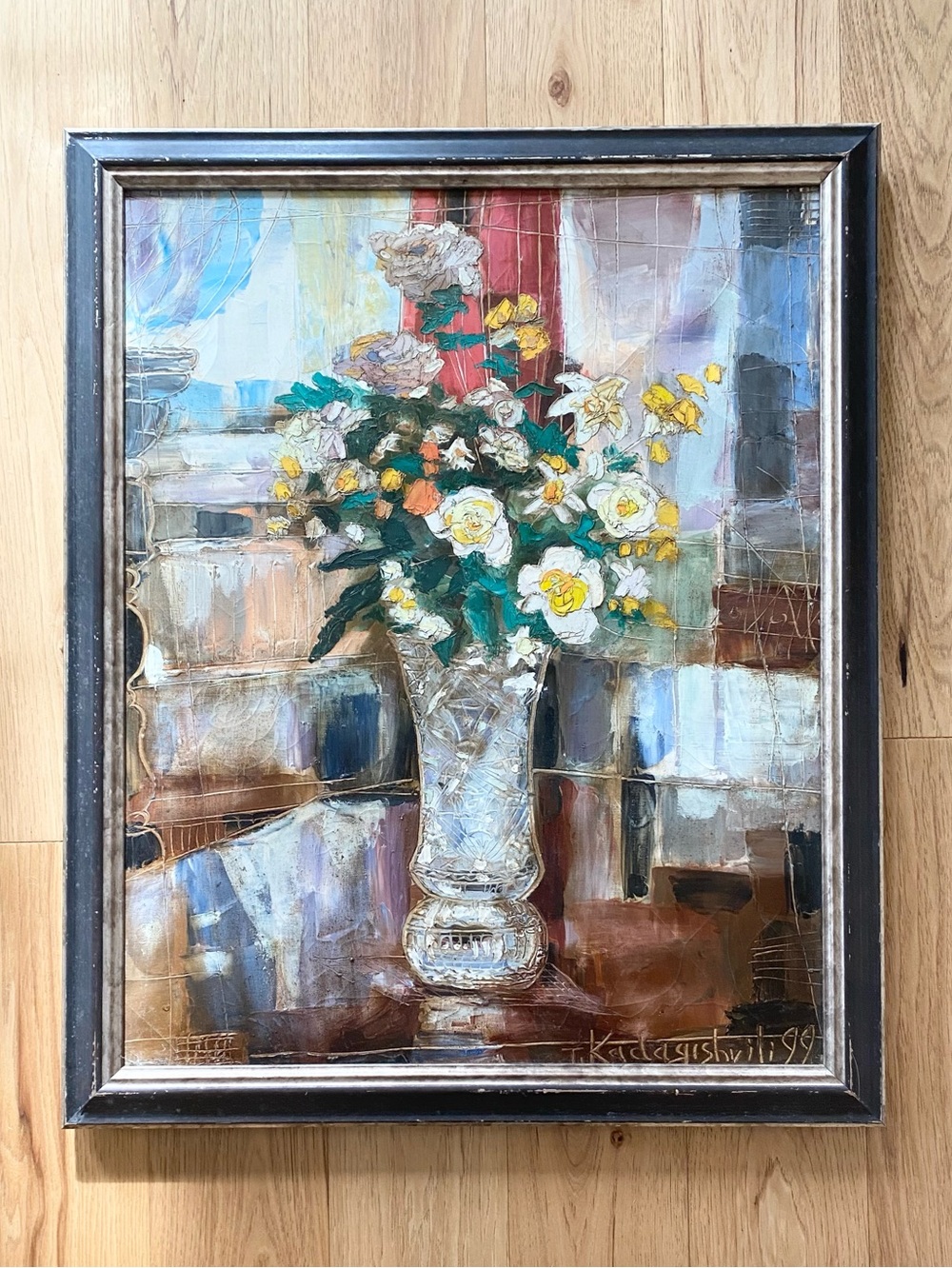 Large Original T. Kadagishvili 1999 Oil Painting Flowers Crystal Vase Framed
